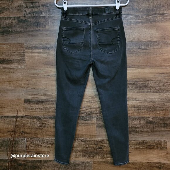 American Eagle Jeans 2 R Curvy Super Hi Rise Jegging Black Wash Denim Ripped - Picture 2 of 12